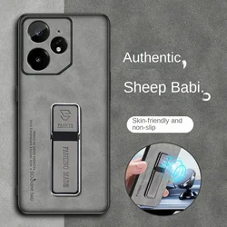 Sheepskin Leather Matte Stand Holder Protective Case with Silicone Back Cover for Realme GT NEO 6SE (Gray)