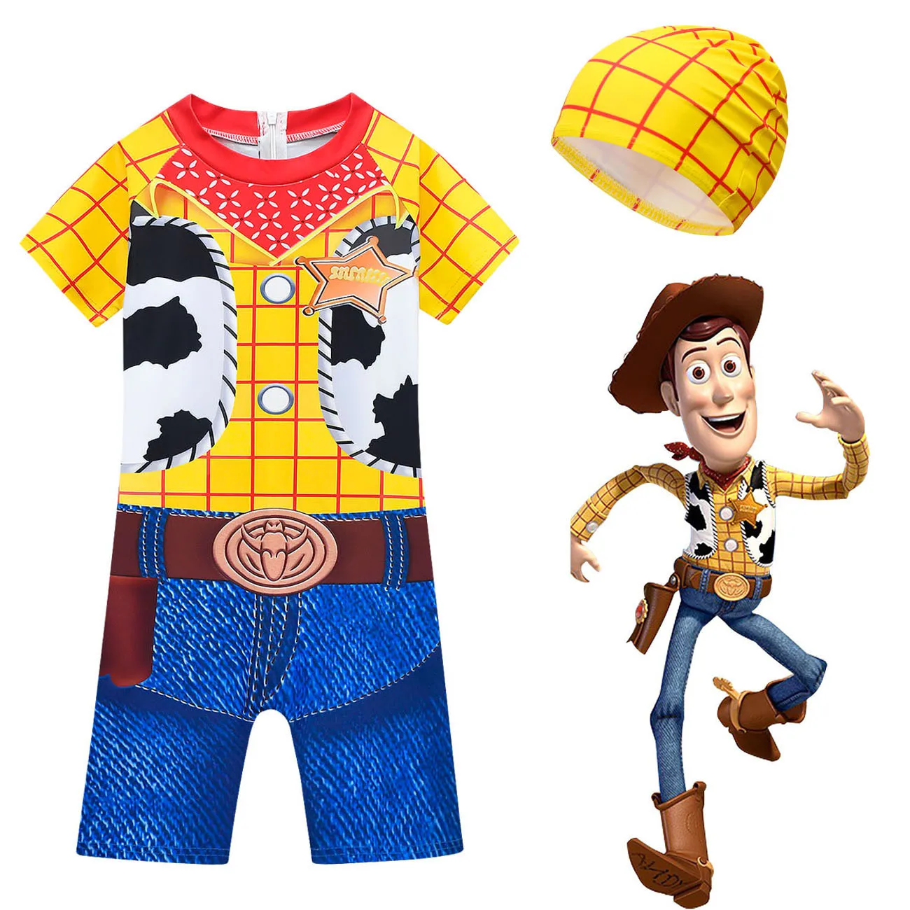 

Disney Toy Story Woody New Boys' One-piece Swimsuit Toy Story Cosplay Swimsuit Children's Swimsuit Cap Sportswear Clothing