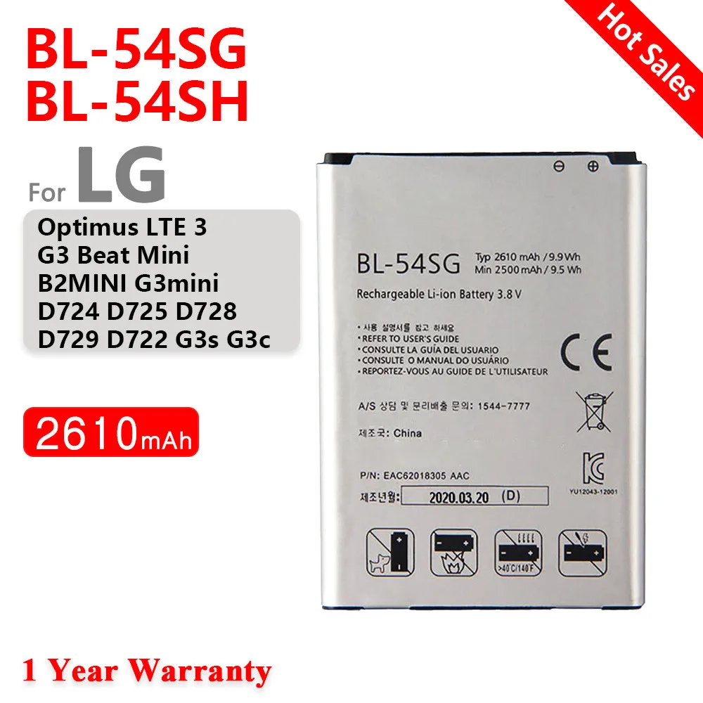 

100% Original 2610mAh BL-54SH BL-54SG Battery For LG G2 F320 F340L H522Y F260 D728 D729 H778 H779 D722 lg90 D410 Phone Battery