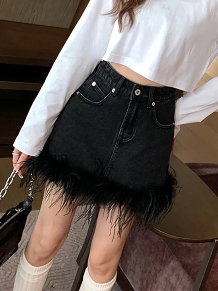 

Fashion Women's Denim Skirt Button High Waist Spliced Feather Rivet Solid Color Mini Skirts Spring 2023 Trend New O295