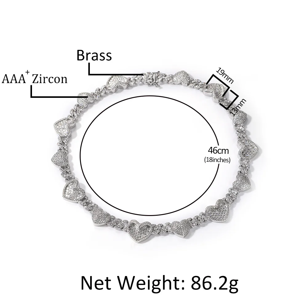 Uwin 9mm 2 Heart Cuban Chain Baguetter Full Paved Iced Out  Bling Cubic Zirconia Necklace Charm HipHop Jewelry Women Accessories