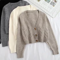 V Neck Cropped Cardigan Women Long Sleeve Twist Knitted Sweater Coats Autumn Winter Keep Warm Korean Fashion Jacket Cardigan 1