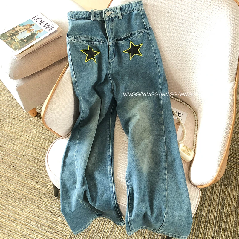 

Star Print Baggy Jeans Women's High Waisted Wide-leg Pants Y2k 2023 Spring Autumn Casual Loose Boyfriend Straight Denim Trousers