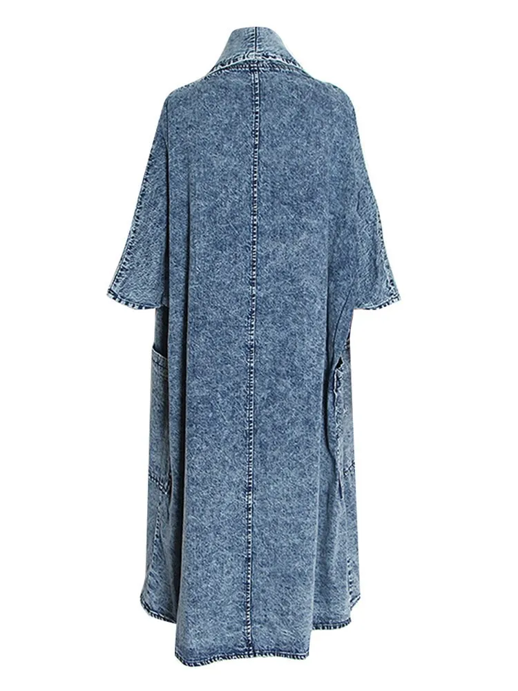 BPN Minimalist Solid Denim Trench For Women Laple Long Sleeve Patchwork Pockets Casual Loose Autumn Coats Female Fashion Clothes
