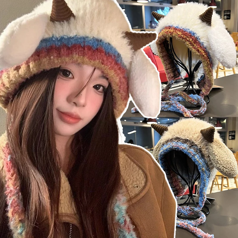 Kawaii Plush Sheep Hats Women Girls Knitted Woolen Hat Fem Winter Warm Ear Protection Hat Sweet Casual Fluffy Fur Kids Beanies