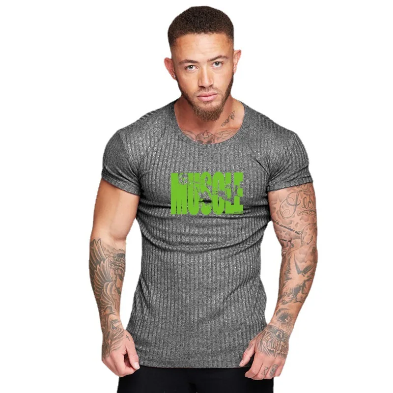 

Gym Fitness Bodybuilding Workout T-shirt Men Running Sport Breathable Short Sleeve Knitted Tshirt Slim Fit Shirt Summer Clothing