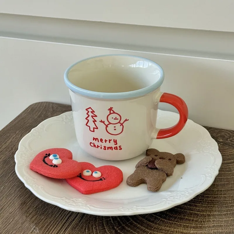 Ins Style Winter Snowman Ceramic Mug Breakfast Milk Cup Couple Commemorative Cute Pattern Creative Suitable for Giving Friends