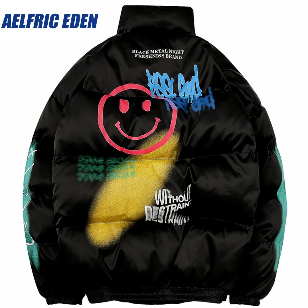 

Aelfric Eden Happy Graffiti Print Jacket Parka 2023 Hip Hop Men Windbreaker Streetwear Harajuku Winter Jacket Coat Warm Outwear