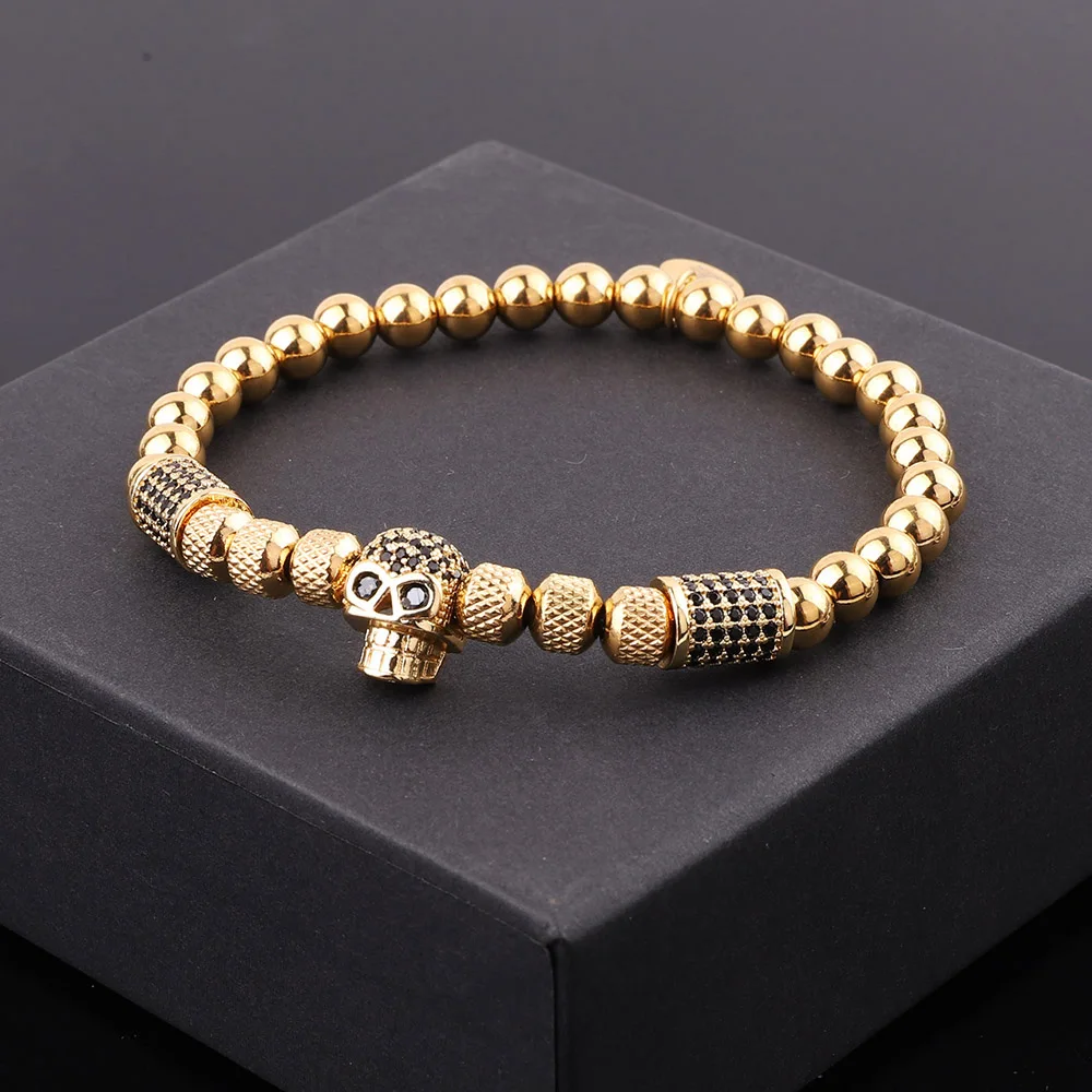 New Fashion Luxury CZ Pave Skull Charm Stainless Steel Beads Stretch Bracelet For Men Jewelry