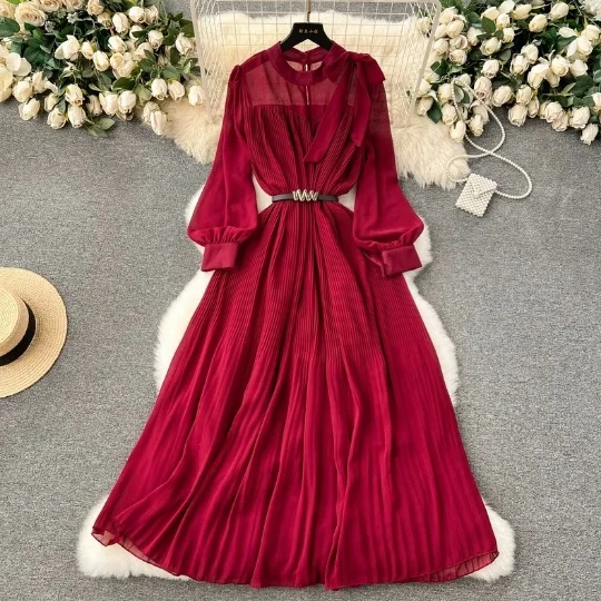 2024 Muslim Arab Sweet Bow Heavy Industry Slimming Waist and Folding Solid Color Chiffon Bubble Long Sleeved Dress