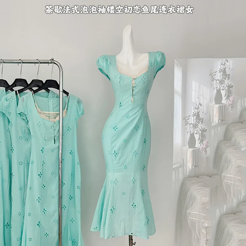 

Женское винтажное платье-русалка, ажурное платье во французском стиле с коротким рукавом и квадратным вырезом, платье с вышивкой, Новинка лета 2024