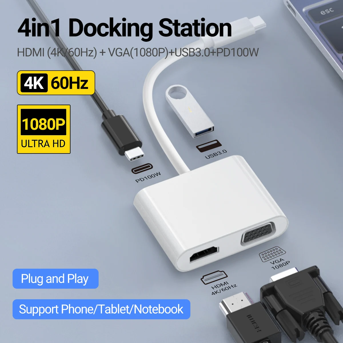 Adaptador USB C a HDMI VGA de 4K60Hz tipo C a VGA a USB C