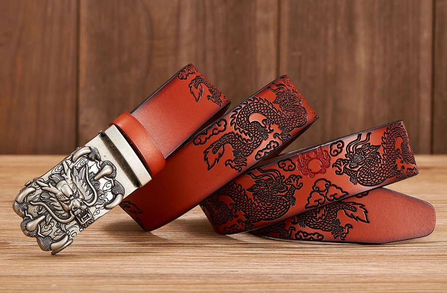 Men Belt Genuine Leather New High Quality Cowhide Handmade Men Waistbands Chinese Dragon Pressed Straps Male Designer Belts