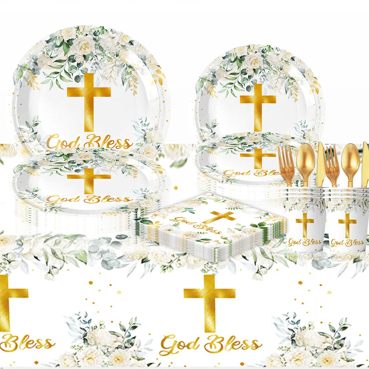 

God Bless Disposable Tableware Baptism Plate Napkin White Cross Cup Tablecloth Newborn Baby Shower First Communion Christening