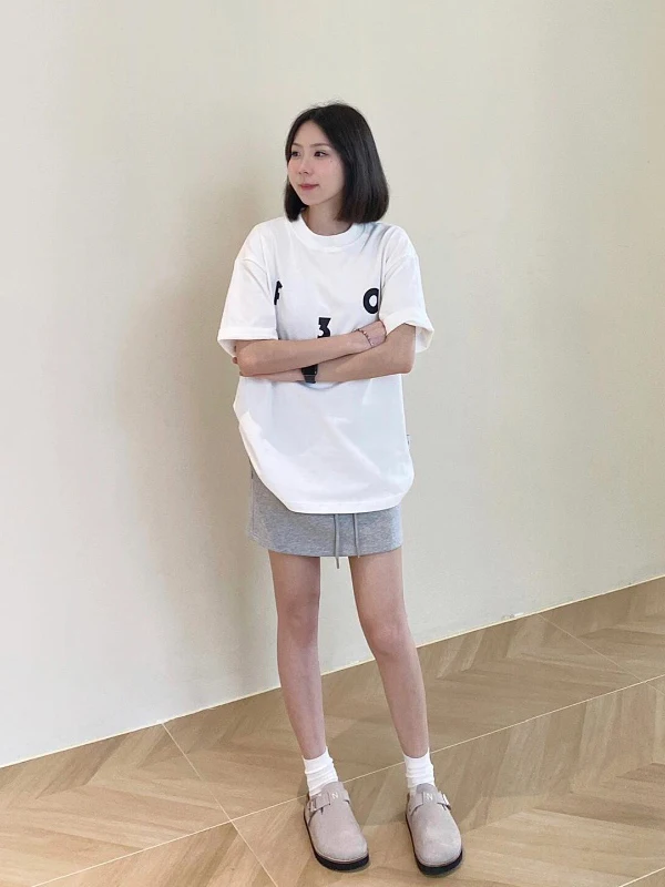 여름 신상 그레이 미니스커트 임부복 세트 순면 화이트 라지 사이즈 티셔츠 안티라이트 숏스커트 캐주얼 스타일