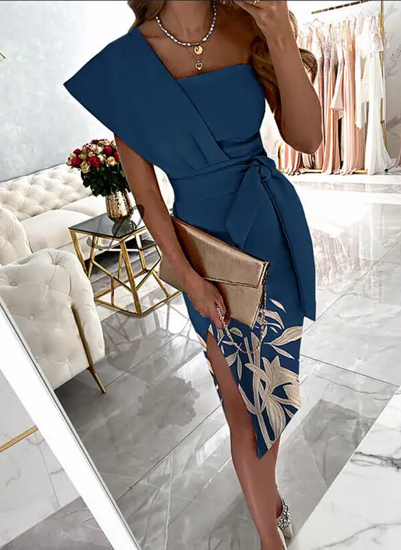 

Sexy Off Shoulder Slim Party Dresses Women's Sleeveless Slit Elegant Dress Spring Summer Female Clothing