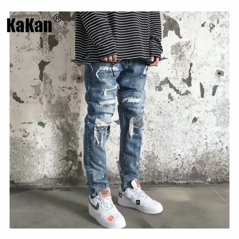 Kakan - New European and American High Street Patchwork Distressed Jeans for Men, Beggar Pants with Small Legs Jeans K27-90G35