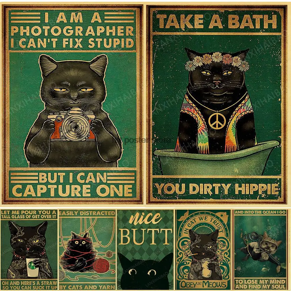 

Cute Black Cat Vintage Poster Your Butt Napkins My Lord Art Print Hello Sweet Cheeks Funny Bathroom Painting Home Decor