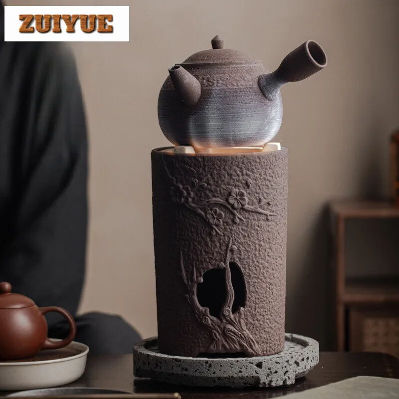 Rock Mud Handmade Tea Warmer Stove Japanese Style Side Handle Pot Warmer Vintage Tea Stove Kettle Stand Ceremony Ornaments