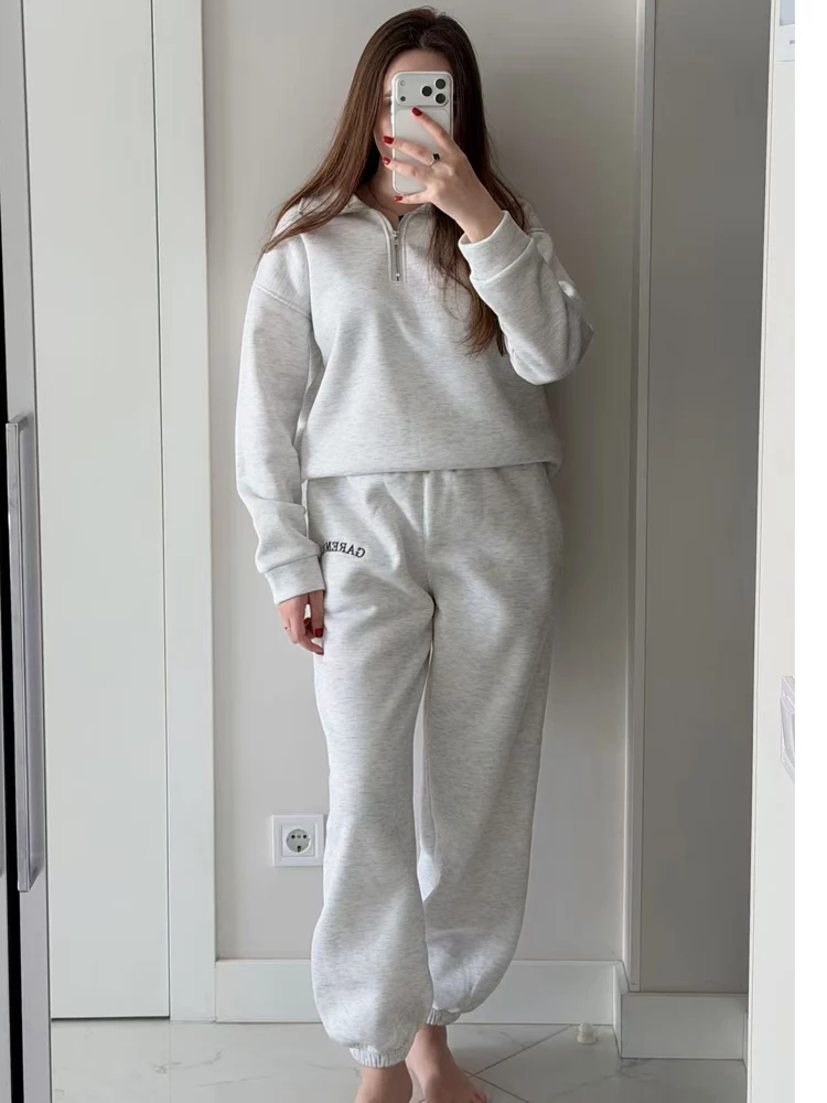 FSMG Casual Cotton Tracksuit with Zipper Women's Oversize Long Sleeve Lapel Sweatshirt Elastic Waist Pant 2 Piece Set Sports Set 2