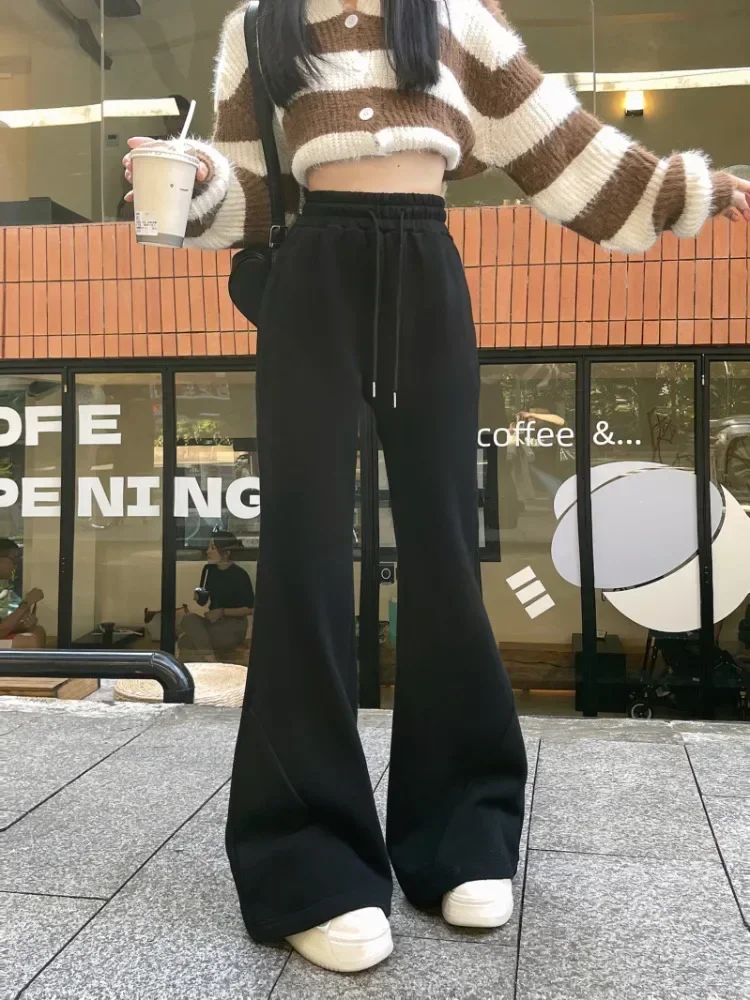 Deeptown Korean Style Grey Brushed Pants Women Gyaru Kpop Wide Leg Flared Sweatpants Y2k American Retro Oversize Jogger Trousers