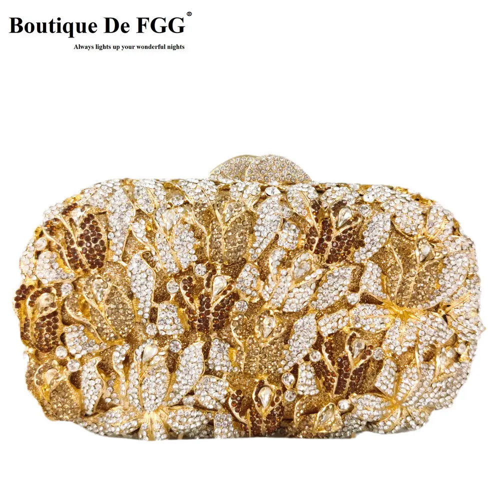 

Boutique De FGG Flowering Shrubs Rose Evening Bags and Clutches for Women Formal Party Handbags Bridal Crystal Clutch Purse