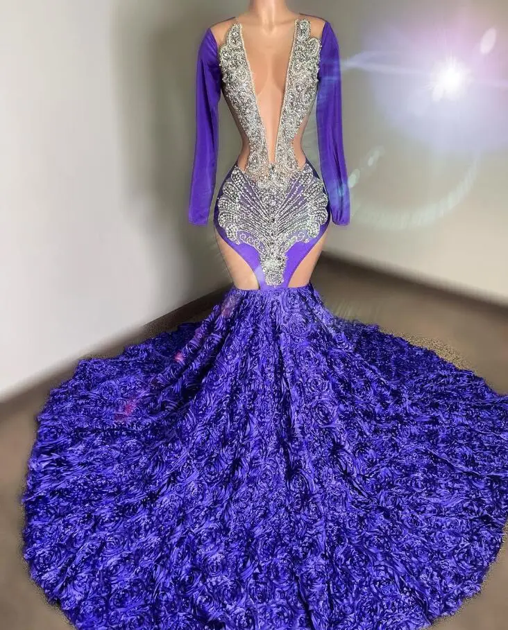 

Женское бархатное платье-русалка, вечернее платье фиолетового и черного цветов с объемными стразами, для выпускного вечера