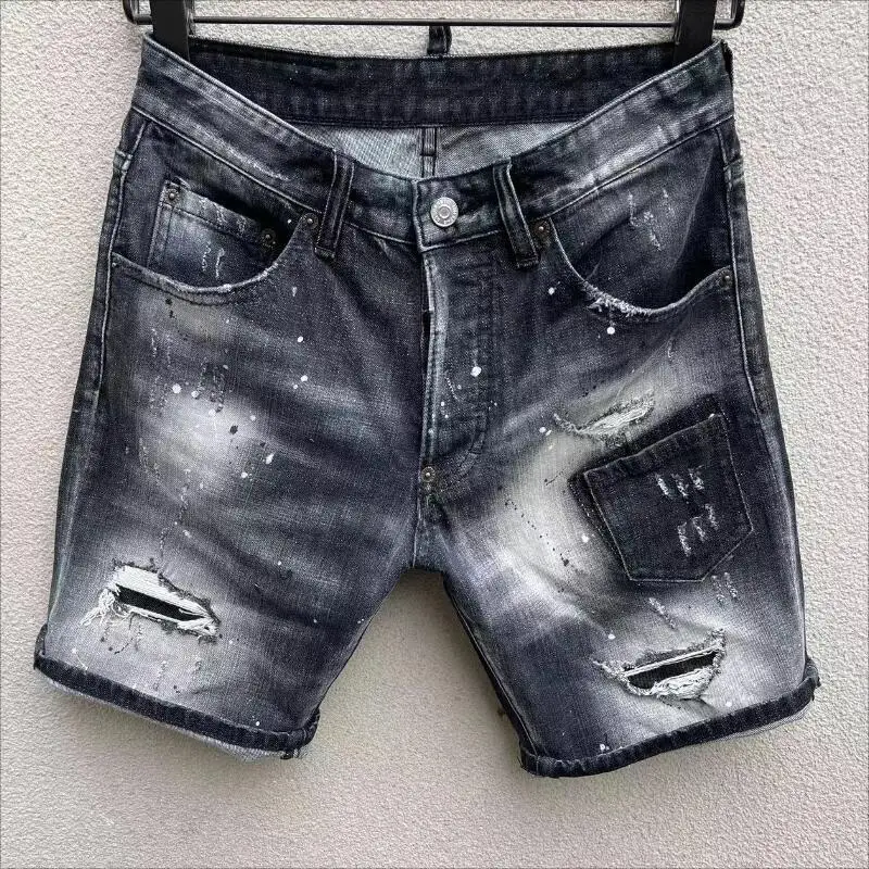 

Trendy Men's Letter Printing Casual Hole Spray Painted Short Jeans Fashion High Street Denim Fabric Shorts D089