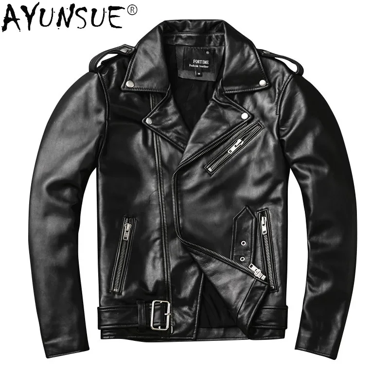 

AYUNSUE Mens Genuine Leather Jacket Motorcycle Real Sheepskin Coat Men 5XL Autumn Biker Jacket Short Chaquetas Hombre KJ4116