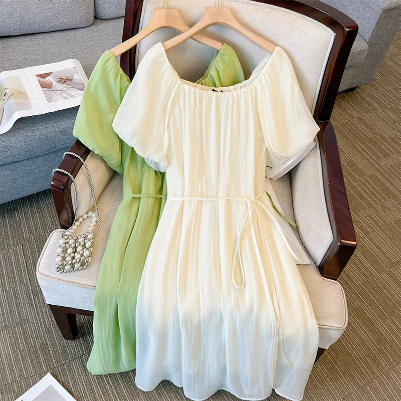Plus Size 9XL 160kg Women Solid Dress Casual Loose Short Sleeve High Waist Dress Slash Neck Princess Kawaii Large Dresses