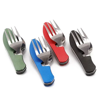 Outdoor Pocket Folding Knife Fork Spoon Set 4 In 1 Portable Multi-function Tableware  Spoon Fork Knife Opener Stainless Steel