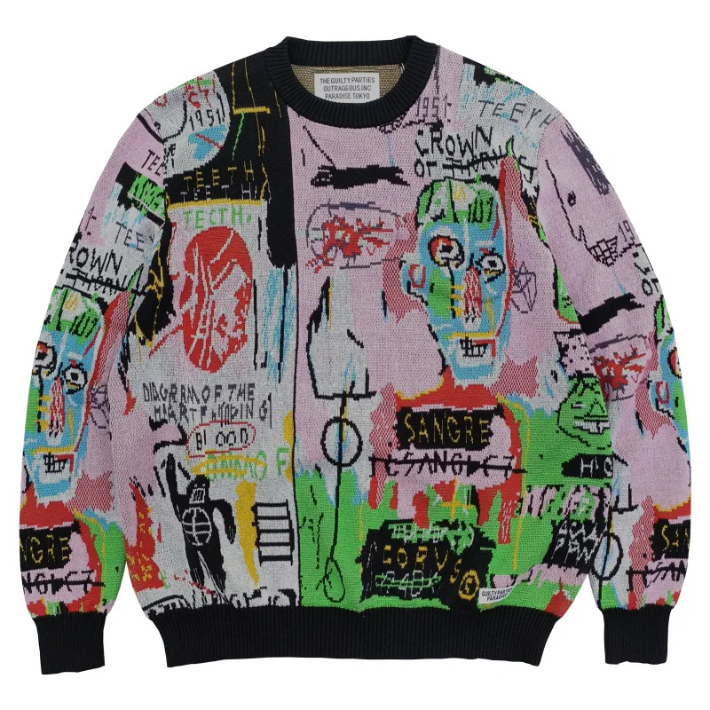 

Newest WACKO MARIA Autumn Knit Crewneck Sweater Graffiti Pattern Cotton Keep Warm Hip Hop Casual Style