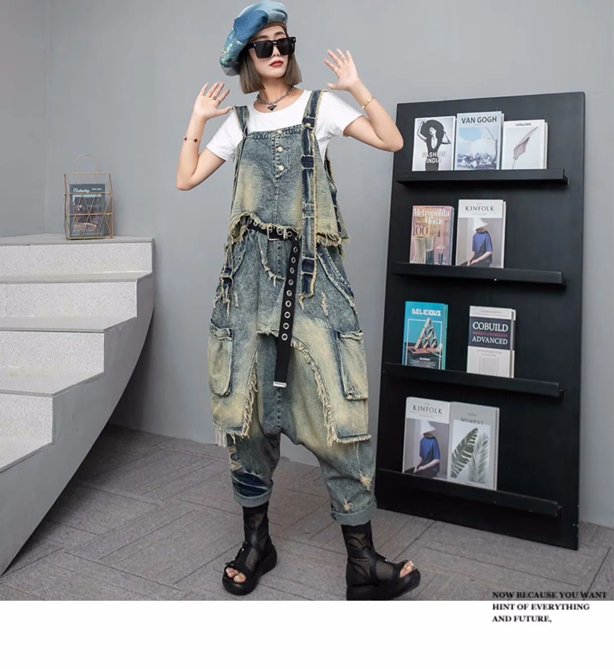

Denim Two-piece Sets Personality Fashion Loose Elastic Waist Wide Leg Cowboy Cross-pants Lrregular Rough Edge Halter Vest