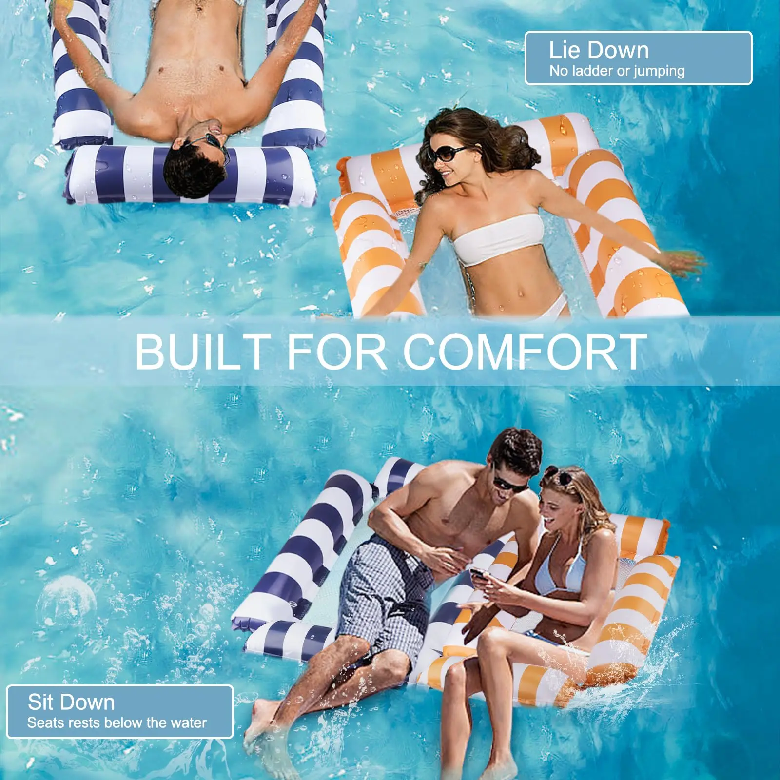 Pool Float Adult,2Pack Inflatable Pool & 1Drink Float,Pool Float Adult Heavy Duty,Water Hammock Lounge,Swim Pool Toy Party Float 6
