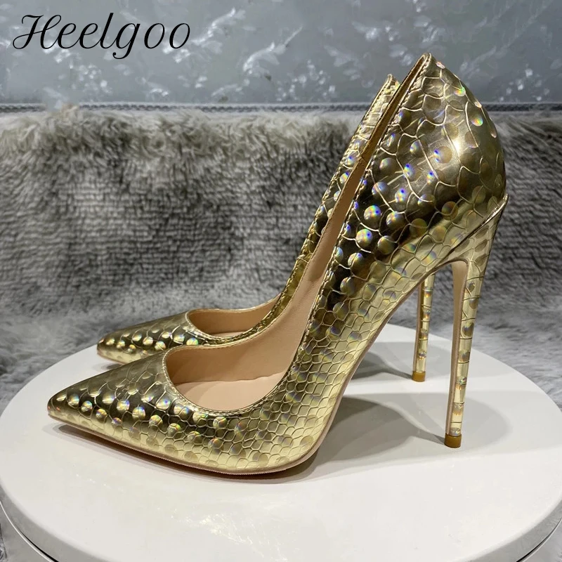 

Heelgoo Glitter Gold Crocodile Effect Women Sexy Pointy Toe High Heel Night Club Shoes Plus Size 33-46 Party Stiletto Pumps