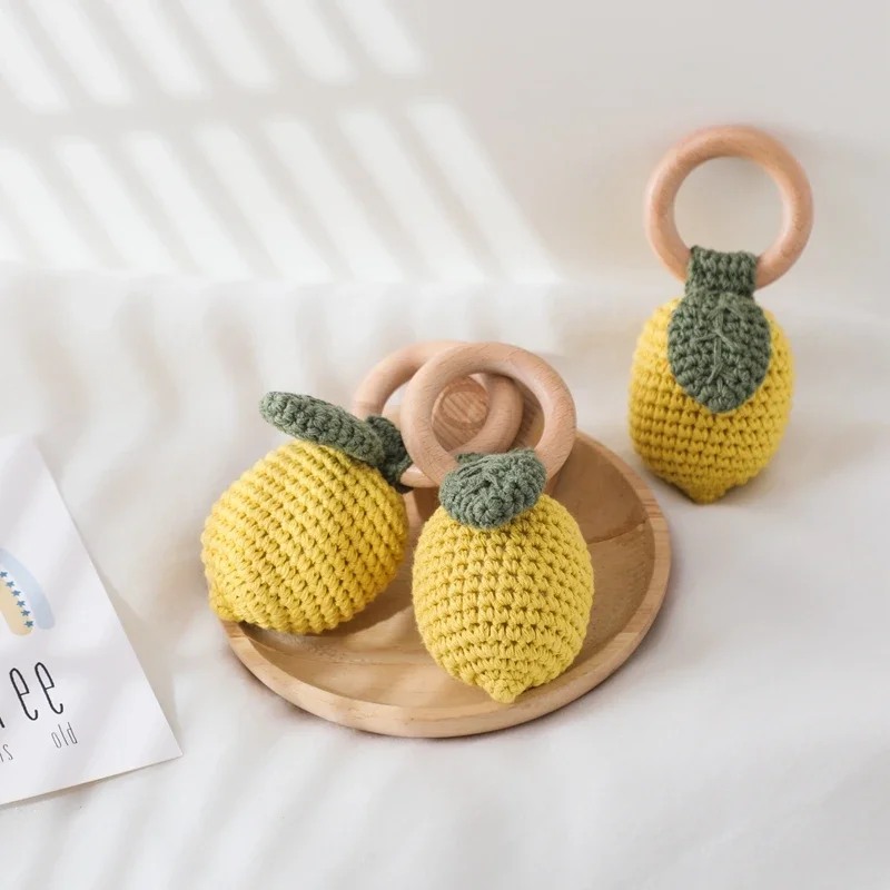 Baby Rattle Toys Crochet Lemon Wooden Bracelet Fruit Musical Teether Handbell Soothing Oral Nursing Bite