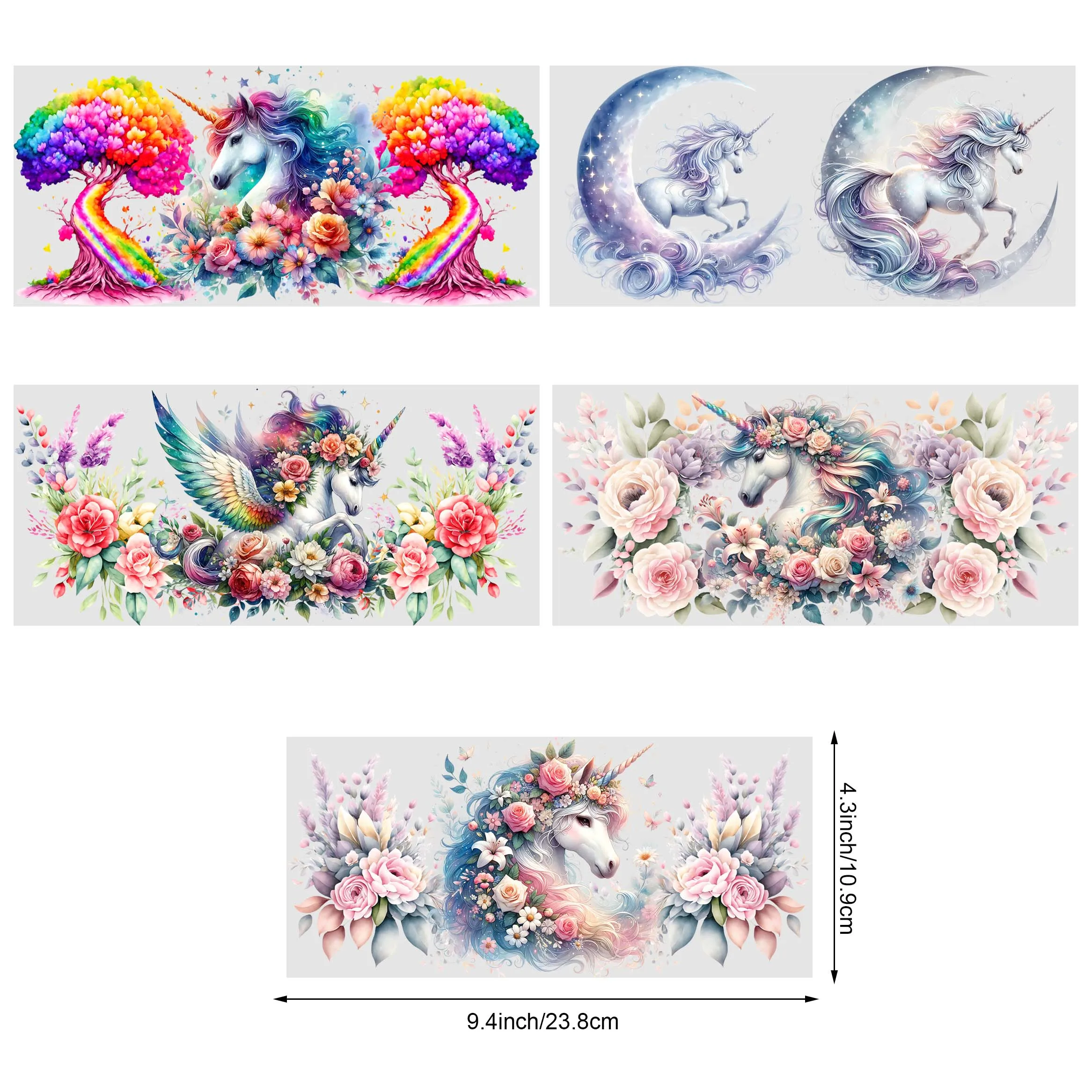 5 Sheets Unicorn UV DTF Cup Holder 16 oz,DTF Cup Holder Transfer Glass,Water Bottle Waterproof Sticker,Friction Transfer Sticker
