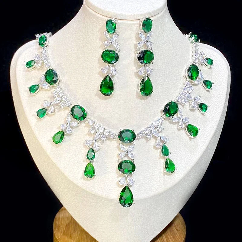 

ASNORA -Cubic Zirconia Wedding Necklace and Earrings Set Bridal Blue Color White Green Rose Red Jewelry Accessories