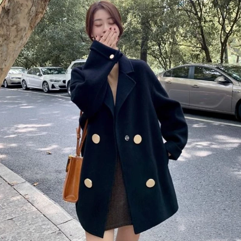 Women High-Grade Large Size 4xl Woolen Coat 2023 New Winter Female Temperament Mid-Length Thickened Solid Color Casual Outwear