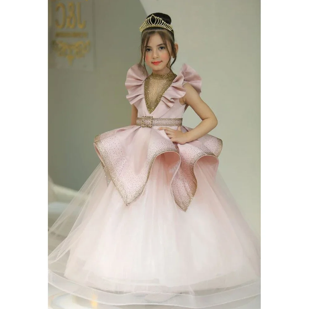 Classic Crew Neck Girl Dresses Sequined Fashion Ruched Floor Length A-Line Birthday Party Gowns Pageant Wedding Dresses