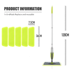 360° Handle Spray Mop with Reusable Microfiber Pads for Versatile Floor Cleaning (Green 6 Pads)