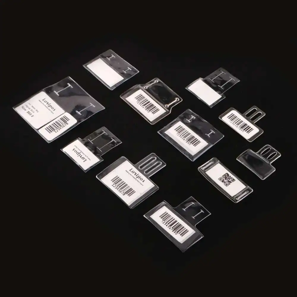 100 개/몫 비닐 PVC 안경 라벨 커버 교수형 정보 티켓 종이 카드 디스플레이 가방 바코드 가격 포켓 슬리브 토커