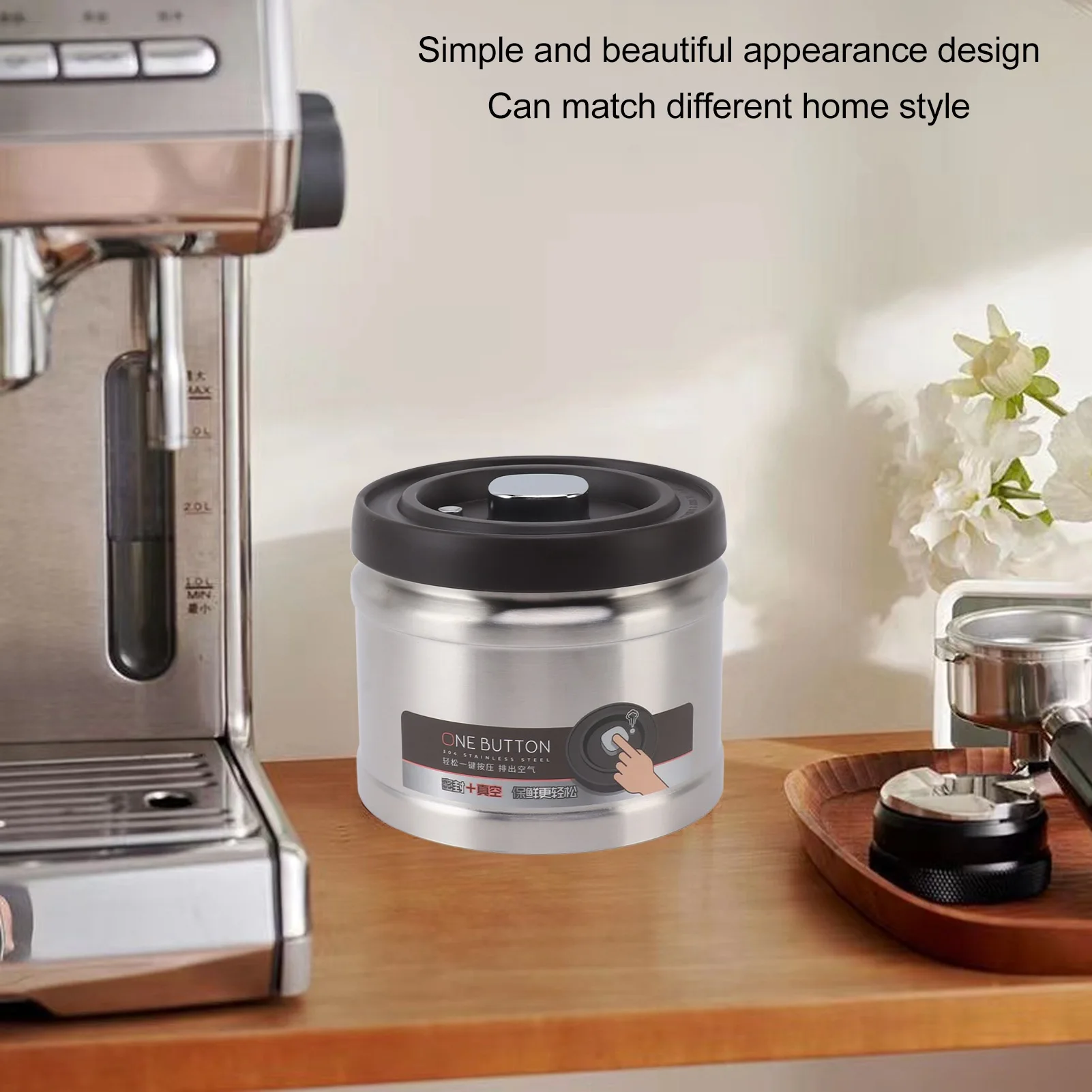 Food Storage Container 304 Stainless Steel Press Type Large Capacity Simple Vacuum Sealed Coffee Container for Home