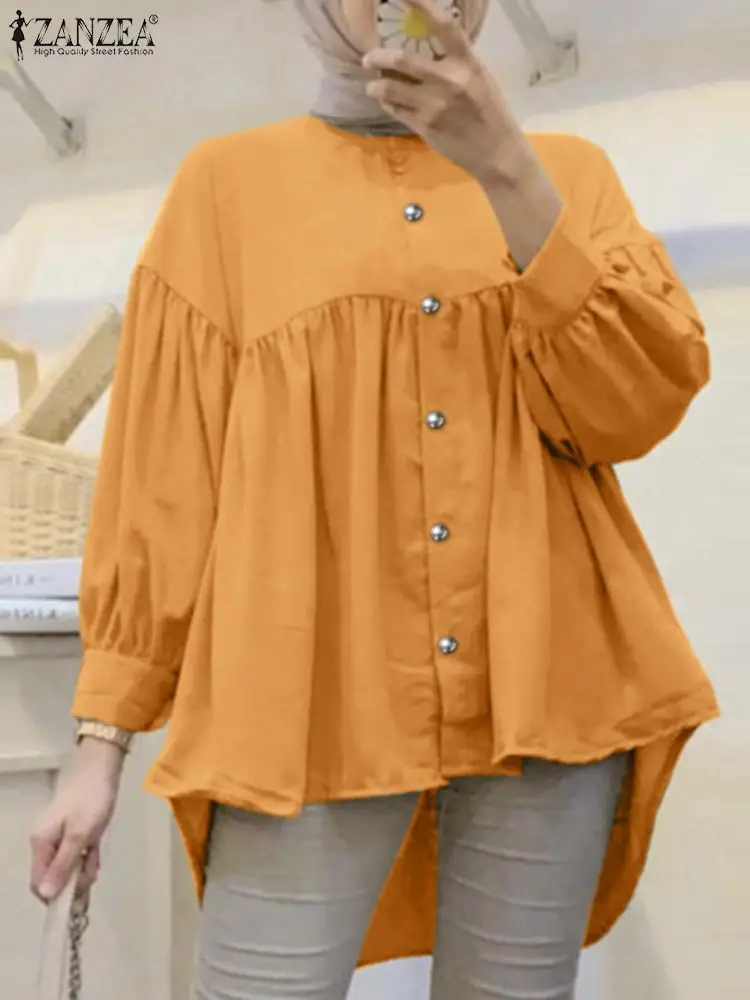 

ZANZEA Casual Muslim Tops Spring Solid Color Vintage Women's Chemise Long Sleeve O-Neck Blouse Stylish Isamic Clothing Ramadan
