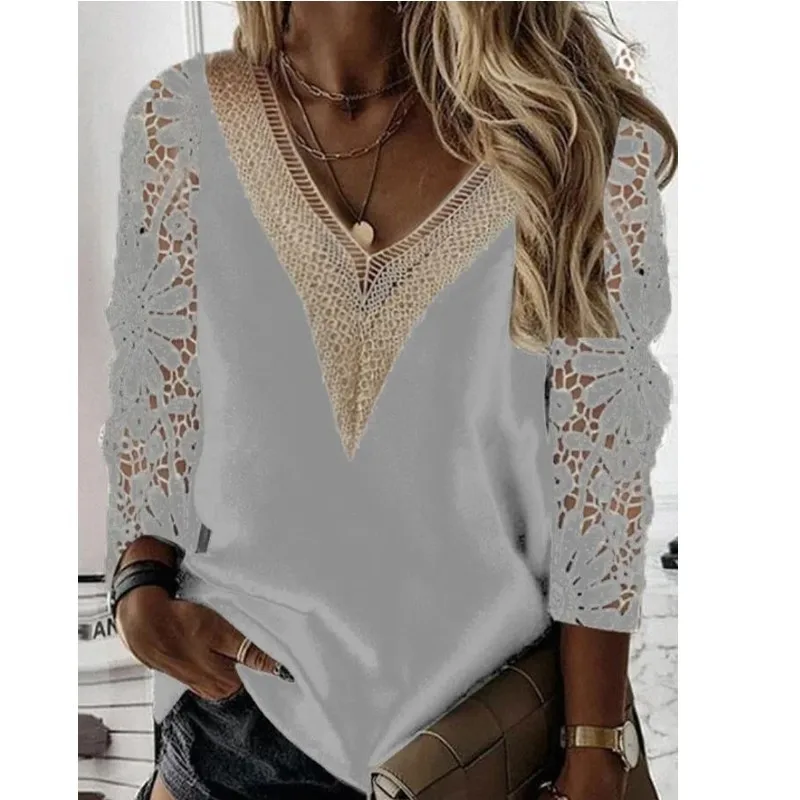 White Sexy Lace Hollow Women Top 2023 Spring V Neck Stitching T-shirt Blouse Nine Points Sleeve Mesh Design Tops Femme Blusas