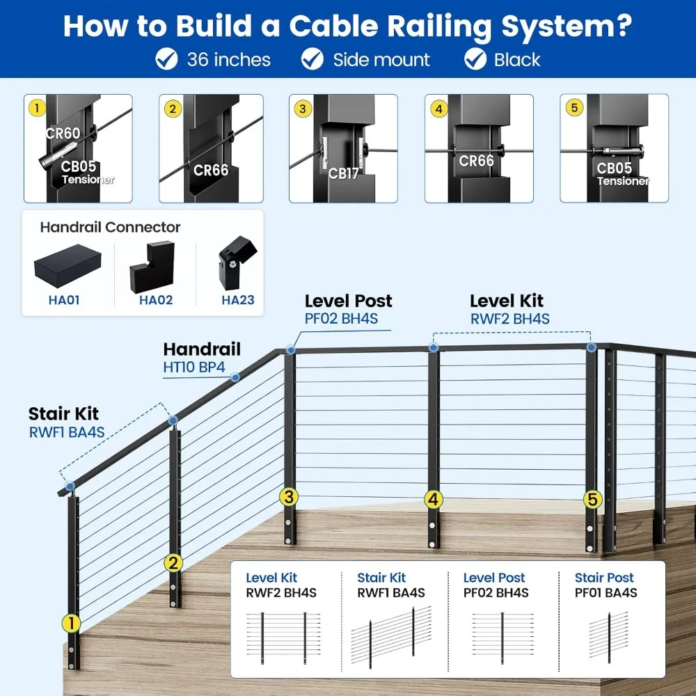 Black Side Mount Stair Cable Railing Post 36 Inch for 25-35 Degrees Stair  Patent Design for Both Left 6
