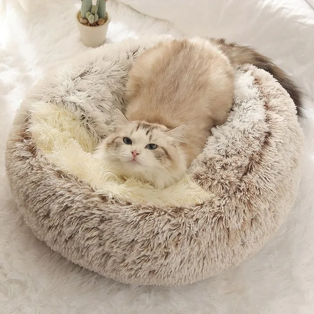 Lit chaud en peluche pour animal de compagnie, long, fermé, rond, coussin, sac de couchage confortable, accent de chat, chenil pour petit animal de compagnie 1
