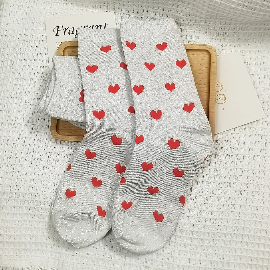

Kawaii Red Heart Glitter Socks Women Fashion Shiny Love Stockings Harajuku Sparkly Socks Bright Silver Silk Cotton Sequin Socks