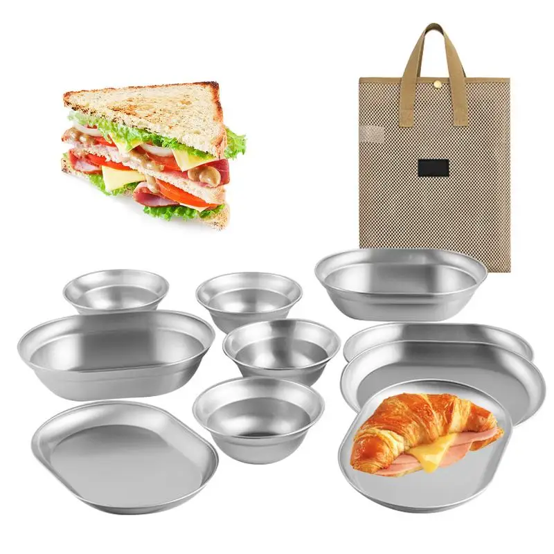 

Camping Plates And Bowls Stainless Steel Dinnerware Set For Feeding Serving Outdoors Kitchen Metal Dish Plates Feeding Serving