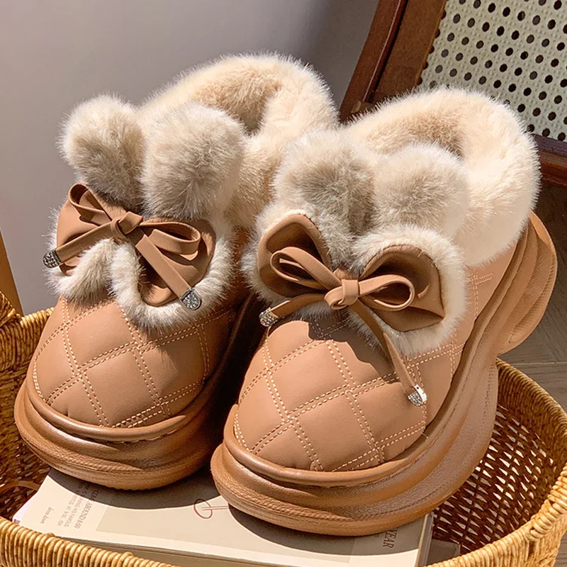 Faux Rabbit Fur Bowknot Snow Boots Women Lightweight Chunky Platform Fluffy Ankle Boots Woman Non Slip Warm Cotton Padded Shoes